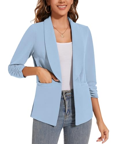 Women Casual Shawl Lapel Work Blazer Ruched 3/4 Sleeve Open Front Business Office Suit Jackets with Pockets4