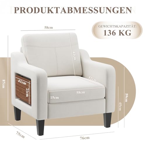 MALOL Sessel Wohnzimmer, Ohrensessel Wohnzimmer mit Ausklappbarer Holzseitentisch, Polstersessel mit Armlehnen Einzelsofa, Relaxsessel，Lesesessel für Wohnzimmer Büro Schlafzimmer, Beige