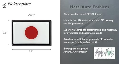 Image of Elektroplate Premium Japan Flag All Metal Black Frame Chrome Emblem for Cars, Trucks, and All Auto | Universal Fit at 2.5 inch x 3.8 inch | Weatherproof