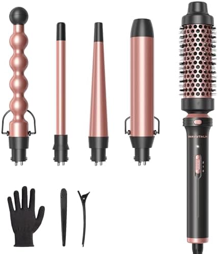 Wavytalk 5 in 1 Curling Wand Set, Multi Curl, Curling Wand Set with Thermal Brush and 4 Interchangeable Ceramic Curling Wand(0.5”-1.25”), Instant Heat Up Wand Curling Iron (Rose Gold)