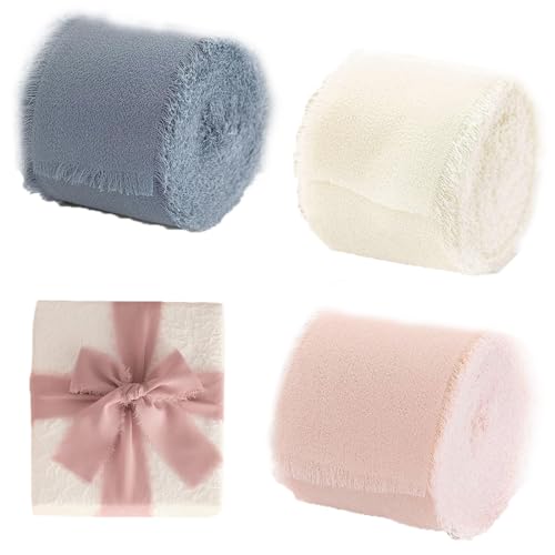 ORGYAML 3 unidades 4 cm x 5 m fita de presente fita de gaze de casamento fita de tecido bege, rosa e azul