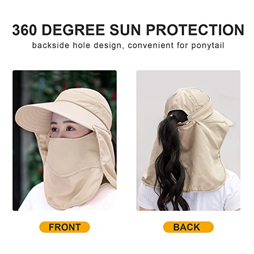 Image of Women Wide Brim Face Mask Sun Hat Detachable Neck Face Flap Ponytail UV Protection Visor Hat Garden Fishing Hiking