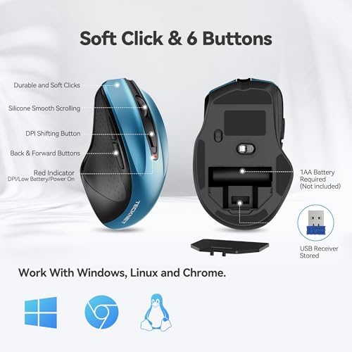 TECKNET Wireless Mouse, 2.4G Ergonomic Computer Mouse, 2600 DPI, Azure - 5