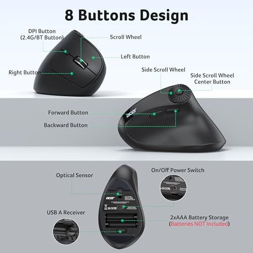 Acer Ergonomic Mouse Wireless with Side Scroll, Bluetooth Mouse for Laptop | 4000 DPI Office Vertical Computer Mouse (BT5.2+2.4GHz) for Small to Medium Sized Hands, Ergo Mouse with, 58° Tilt, 8 Buttons - image 7