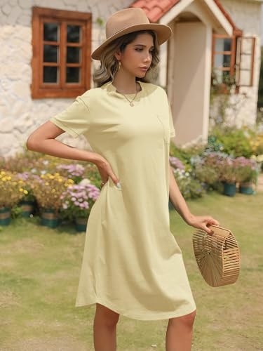 Image of Dyexces Summer Dress for Women Crew Neck Short Sleeve Solid Basic T-Shirts Casual Midi Dresses with Pocket