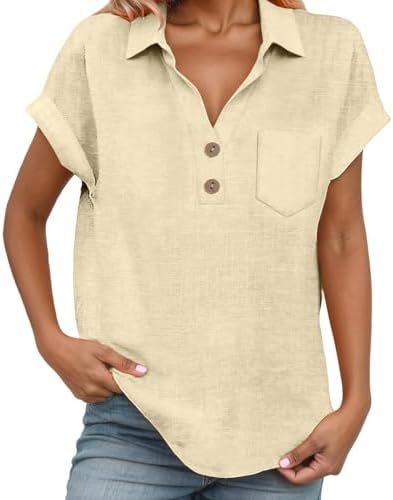 Linen Shirts for Women V Neck Button Henley Shirts Loose Fit Trendy Tops Short Sleeve Blouse Tunic Tshirt 2026 Summer