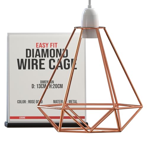 LEDSONE Modern Geometric Diamond Pendant Lampshade - Metal Wire Cage, Rose Gold, 14.5x20cm, Ideal for Living Room, Kitchen, Restaurant, Office