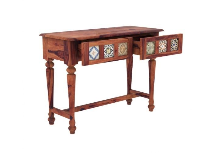 Image of Solid Wood Console Table with Handcrafted Ceramic Tile Design for Living Room, Entryway, Hallway & Bedroom | Wooden Accent Sofa Side Table | Natural Brown Finish | 40 x 17 x 30 Inch