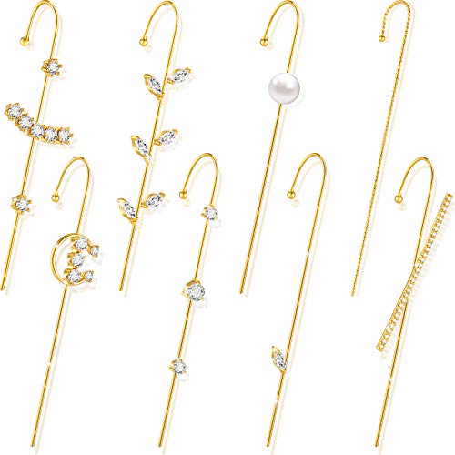 8 Pieces Ear Crawler Hook Earrings Ear Cuff Wrap Studs Alloy Rhinestone Ear Jewelry for Women Birthday Valentine's Day (Novel Style)