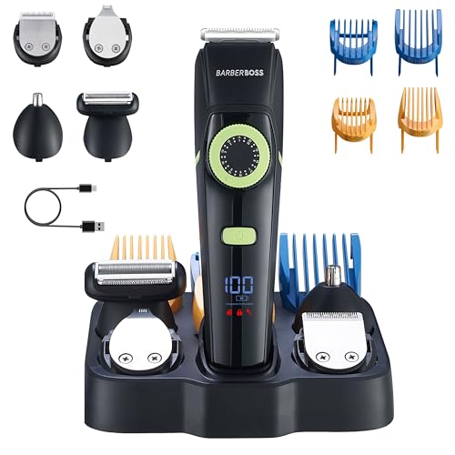 BarberBoss Tondeuses à cheveux et à barbe pour homme - Kit de toilettage avec tondeuse nez et oreilles, lame en céramique, cadran de précision, 4 peignes,...