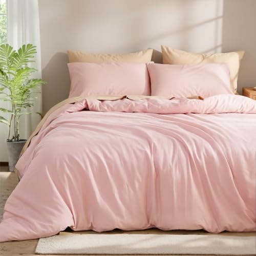 Cozaline 100% Cotton Comforter Set Queen Size – Pink, Linen-Like Texture, Super Soft & Breathable Lightweight Bedding Set, 3-Piece Durable Percale Comforter for All Seasons