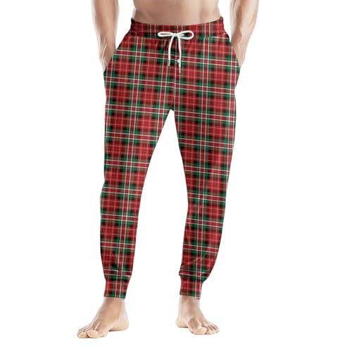 Sweatpants for Men Lightweight Baggy Stretch Drawstring Elastic Waist Casual Pants Plaid Trousers with Pocket