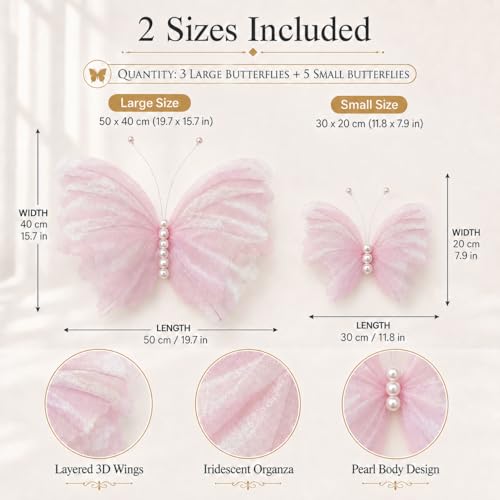 8 Pcs Large & Small Pink Butterfly Decorations, 3D Silk Butterflies Wall Decor with 3 Big 20 Inch & 5 Small 12 Inch Butterflies for Wedding, Baby Shower, Birthday Party, Nursery & Event Decoration — view 2