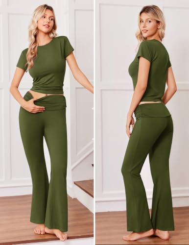 Image of Ekouaer Womens Pajama Set Short Sleeve Crop Top Foldover Flare Pants