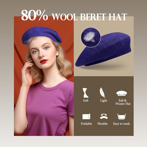 Jeicy French Beret Hat for Women Wool, Sapphire Blue Beret, Classic Cap - Lightweight Casual, Durable Beret Hat, Indoor and Outdoor