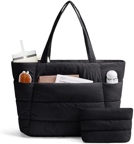 Narwey Nylon Puffer Tote Bag for Women, Lightweight Puffy Work Nurse Bag, Quilted Shoulder Bag Handbag for Travel, College, Teacher, Gym, Gifts for Women Girls (Black)