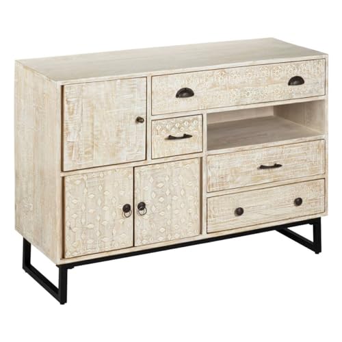 Atmosphera - Buffet Ajay Bois de Manguier Sculpté - 115 cm, 3 Portes, 3 Tiroirs - Meuble de Rangement pour Salon, Salle à Manger