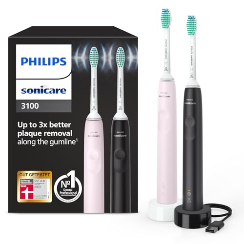 Philips Sonicare 3100 – 2 x elektrische Schallzahnbürste, in Schwarz und Sugar Rose mit 2 x C2 Optimal Plaque Defense-Bürstenköpfen (Modell HX3675/15)