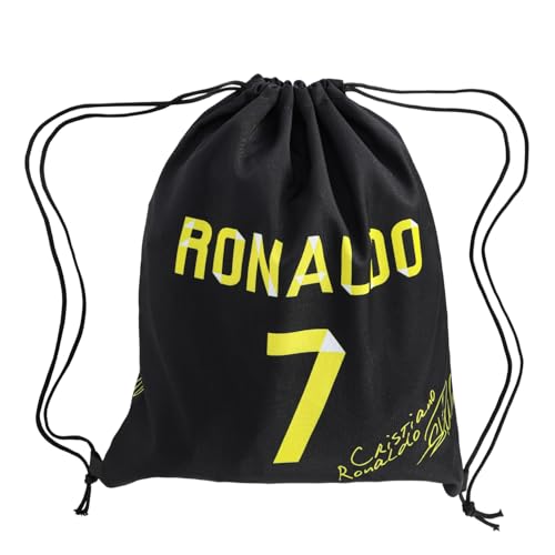 Onperpoe Football Legend Number 7 Drawstring Bag, 48 x 40 cm Black Backpack Ronaldo Gifts for Boys Mens Football Bag for Gym Beach School Holiday Swimming Travel Sports Kits Soccer Pump Bag for CR7