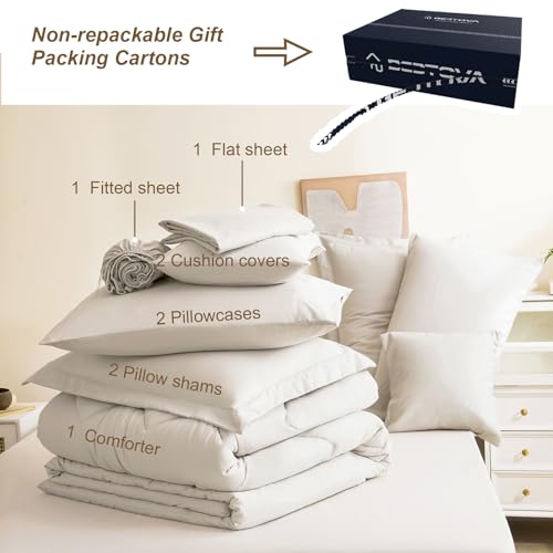 Image of Full Comforter Set Beige Bed in a Bag 9-Pieces,Water Wave Quilting Design Comforter Set with Comforter,Flat Sheet, Fitted Sheet,Cushion Covers,Pillowcases & Shams(Beige, Full)