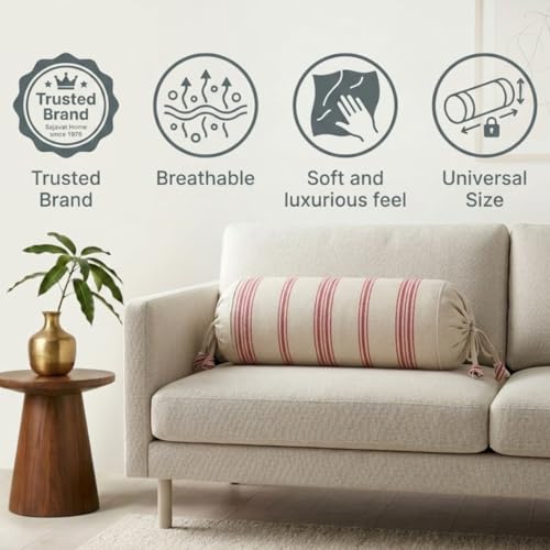 Image of SAJAVAT HOME 100% Cotton Striped Bolster Cover Pack of 2 15x30 | Textured Round Side Pillow Covers for Sofa, Bed & Diwan | Soft Breathable Bolster Pillow Covers | Beige & Red