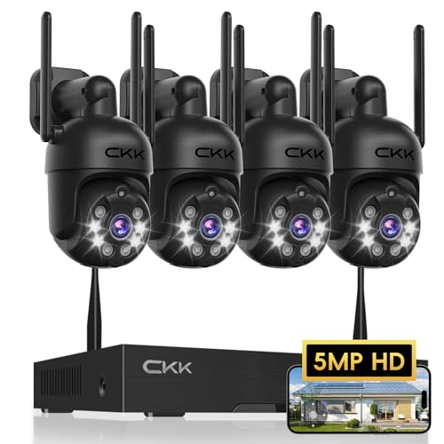 [360° View] 3K Wireless Security System, 4pcs 5MP PTZ Cameras Outdoor Indoor, WiFi Camera Outside CCTV Surveillance NVR C102 System with Floodlight Color Night Vision Motion Sensor Alarm,24/7 Record