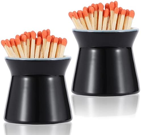 Haillai 2 Pack Match Holder with 6 Pcs Strikers, Handmade Ceramic Match Box for All Matches, Cute Home Decor Match Jar with Striker for Candle, Fireplace, Parlor. Black - (Sold Without Matches)