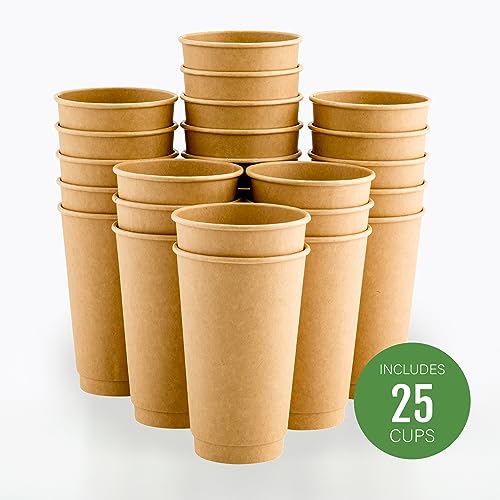 Image of Restaurantware 16 Ounce Disposable Cups, Pack of 25 Double Wall Hot Holders - Lids Sold Separately, Rippled Wall and Kraft Paper Insulation, Ideal for Coffee, Hot Chocolate, Tea, and More