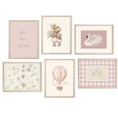 Image of Pink Nursery Wall Art Baby Girl Canvas Wall Decor Vintage Poster Bunny Flower Wall Art Antique Preppy Pictures Animal Floral Prints Kids Swans Painting for Girls Room Bedroom 8x10x6 Inch Unframed