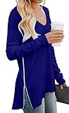 PrinStory Long Sleeve Shirt For Women Fall Tops Casual V Neck Side Split Tunic With Zipper Royal Blue M