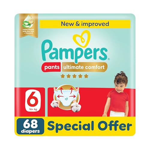 Pampers Ultimate Comfort Pants Diapers Size 6 16-21kg Lotion infused with Aloe Vera and Vitamin E Cottony Soft Fit for up to 100% Leakage Protection Super Saving Pack 68 Count