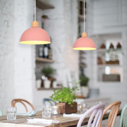 iDEGU Set of 2 Retro Pendant Light Fixtures E27 Ceiling Light Modern Scandinavian Style 25cm Hemisphere Hanging Lampshade Metal Wood Pendant Light for Bedroom Dining Room Kitchen Restaurant (Pink) - Image 4