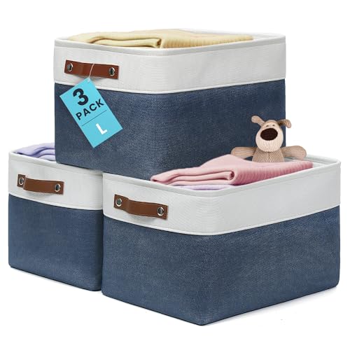 OrganiHaus Large Fabric Storage Baskets for Shelves 3 Pack, 15x11in Closet Storage Bins, Canvas Storage Bin for Organizing, Cloth Baskets, Linen Closet Organizers, Navy Blue/Off-White