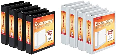 Cardinal Economy 3 Ring Binder, 1.5 Inch, Presentation View, Black, Holds 350 Sheets, Nonstick, PVC Free, 4 Pack of Binders & 1.5 Inch 3 Ring Binder, Round Ring, White, 4 Pack, Holds 350 Sheets