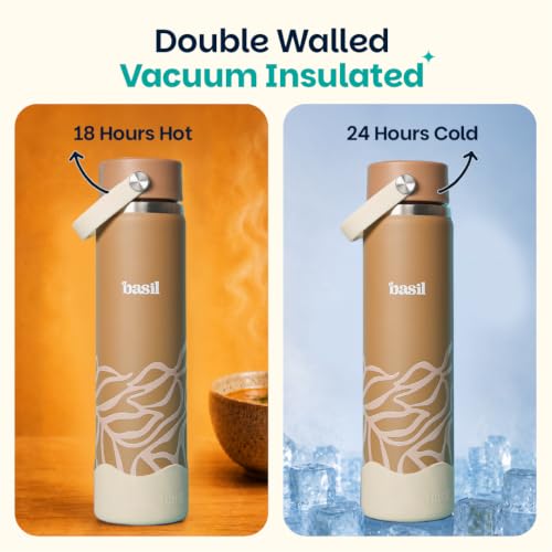 Image of Basil HydraFizz Stainless Steel Insulated Water Bottle for Kids & Adults | 800ml Leakproof Sipper Bottle with Carry Handle | Double Wall Vacuum Thermosteel Bottle for Home, Gym & Travel | Classic Dune