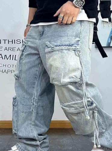 Men’S Hip Hop Oversized Straight Heavy Denim Cargo Pants Button Fly Light Distressed Multi Pocket Stacked Full Length Jeans3