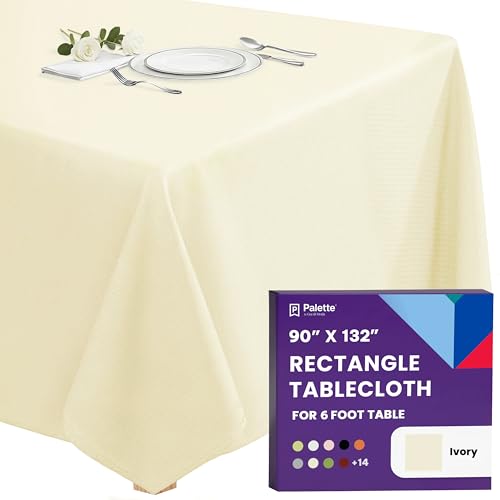 Image of Gee Di Moda Rectangle Tablecloth - 90 x 132 Inch Ivory Table Cloth for 6 Foot Tables with Floor-Length Drop - Heavy Duty Washable Fabric for Holiday Party, Dinner, Weddings & Baby Shower