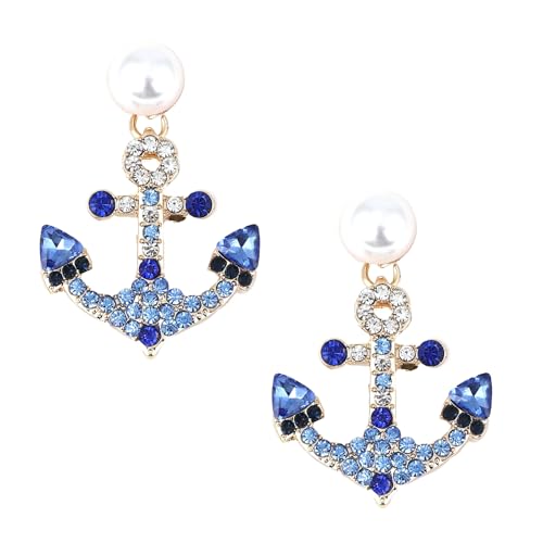 Anchor Earrings for Women Blue Rhinestone Dangle Earrings Nautical Symbol Anchor Drop Earrings Nautical Jewelry for Women Fashion Yacht Rock Party Accessories