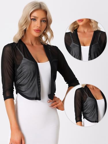 Allegra K Sheer Mesh Bolero Shrugs for Women's Elegant 3/4 Sleeve Lightweight Cropped Cardigan2