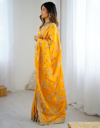 Image of SIRIL Women's Satin Embroidery And Scalloped Border Saree With Unstitched Blouse Piece