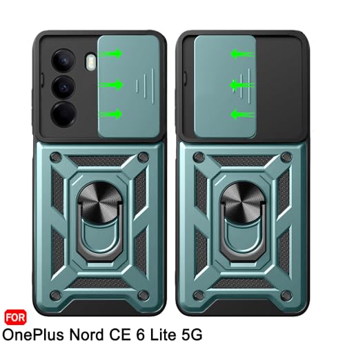 Image of TheGiftKart Tough Armor Bumper Back Cover Case for OnePlus Nord CE 6 Lite 5G | Sliding Camera Cover, KickStand & Ring Holder | 360 Protection Back Cover for OnePlus Nord CE6 Lite 5G (PC & TPU, Green)