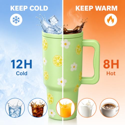 Image of CYNVEXA Personalized with Your Name, Tumbler with lid and Straw 1200ML Cup Stainless Steel Vacuum Insulated Tumbler for Water, Iced Tea or Coffee 1.2L Office Gym Travelling (Lemon Flower)