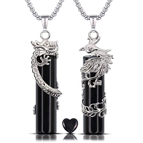 KVREET Obsidian Dragon and Phoenix Couple Matching Yin Yang Necklace Plus Heart Semi-Precious Stone Set Natural Healing Crystal He and Her Pendant Necklace Gift (Obsidian)