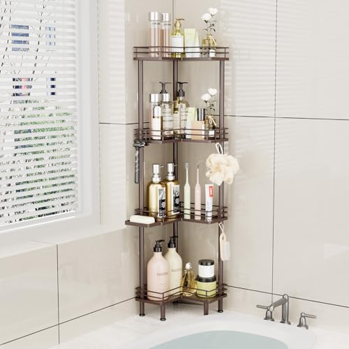 Image of Consumest Corner Shower Caddy Standing - 4-Tier Stainless Steel Shower Organizer with Soap Holder and 4 Hooks, Large Capacity Corner Shelf Stand for Bathroom, Rest Room, Bronze