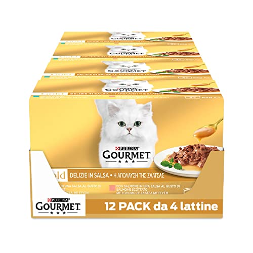 GOURMET Gold Cibo Umido per Gatti Adulti Delizie in Salsa con Salmone e Tonno, 48 Lattine da 85 g, Ricetta dal gusto intenso