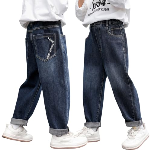 Boys Baggy Jeans, Dark Wash Denim Trousers, Loose Fit Kids Pants with Back Pocket Lettering & Cuffed Bottoms