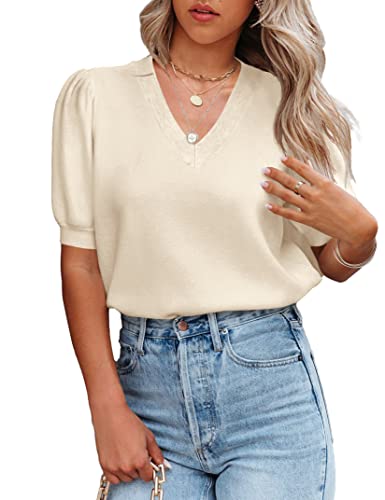 Image of Womens Puff Short Sleeve Sweater Tops Crewneck Basic Knit Pullover Lightweight Solid Casual Sweaters