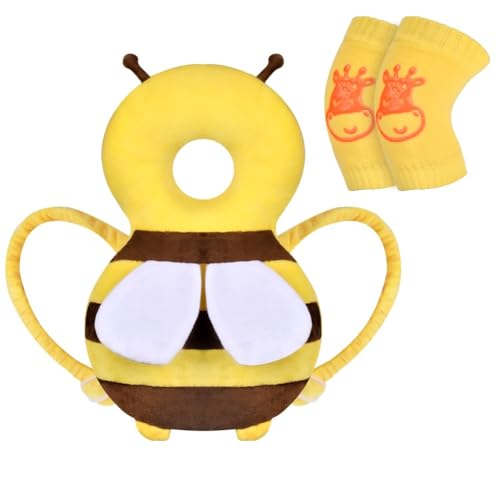 Vicloon Protector de Cabeza para Bebe, Cojín Protector Seguridad Bebe con Rodilleras, Anti-Caídas Almohada Protección Bebé, Almohadilla Protectora de Cabeza para Gatear y Caminar-Abeja