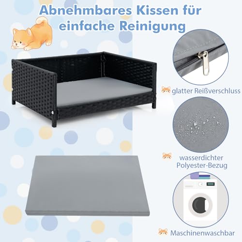 COSTWAY Hundebett aus PE-Rattan, Haustierbett mit abnehmbarem Kissen & waschbarem Bezug, Metallrahmen, erhöhtes Hundesofa für kleine/mittelgroße Hunde, Hundecouch für drinnen draußen, 62x46x25cm