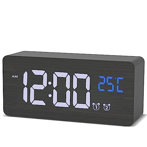 aboveClock Alarm Clock for Bedroom, Wooden Digital Clock with Large Numbers, Dual Alarms, Adjustable Loud Volume for Heavy Sleeper, Snooze, 5-100% Dimmer, Temperature, Black